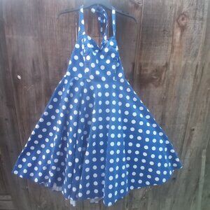 Queen Of Holloway Dress Sz M Blue Polka Dot Tie Neck Pin Up Retro Rockabilly 50s
